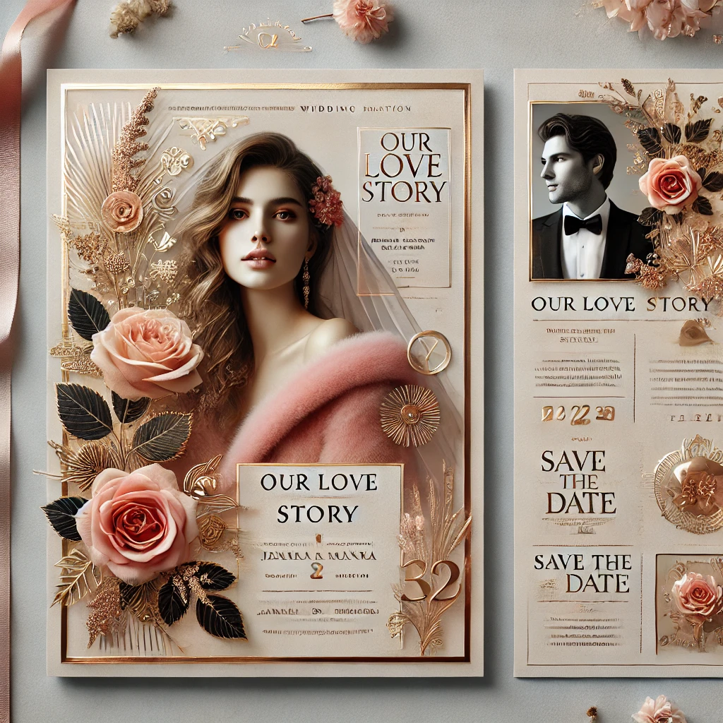 A beautifully designed magazine-style wedding invitation featuring couple details and stylish layouts